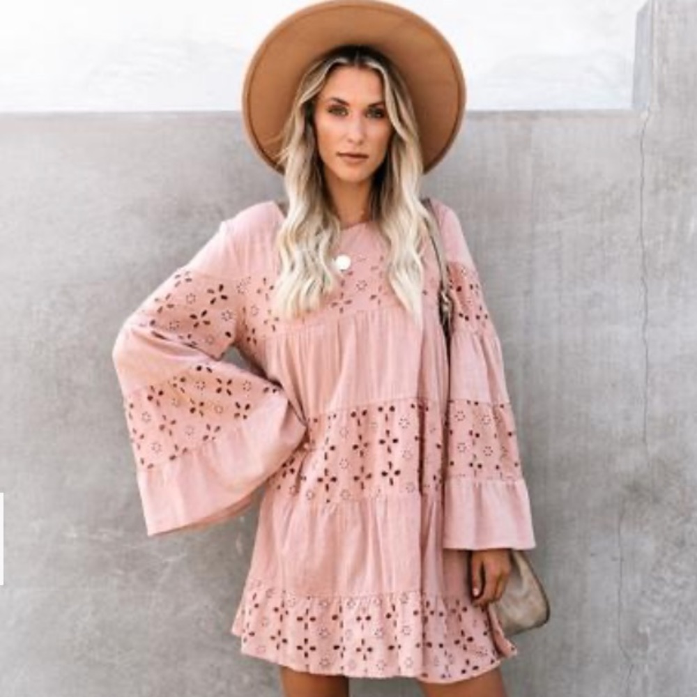 DANCING LEAVES COTTON POCKETED EYELET DRESS